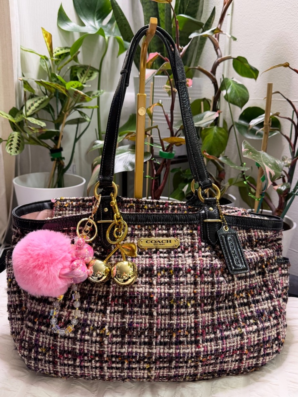 Coach Pink Tweed Shoulder Bag with Black Leather Trim and Gold Accents